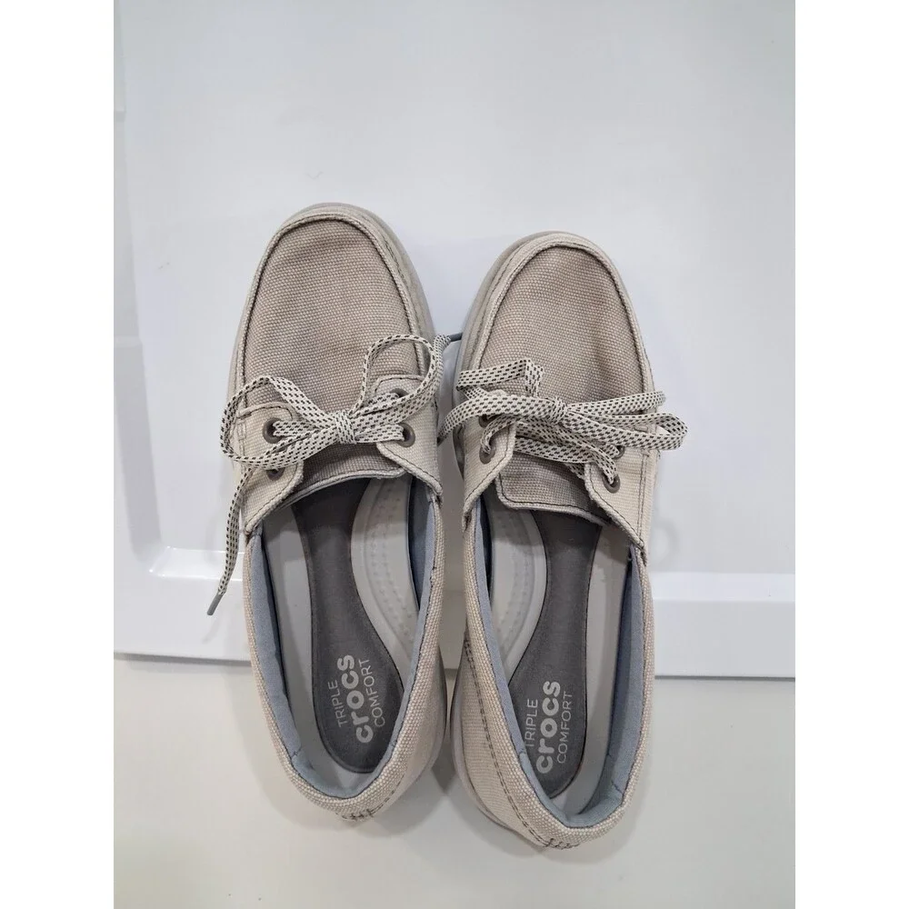 Crocs Walu II Canvas Boat Shoes Gray Loafers Triple Comfort Laced Coastal Preppy